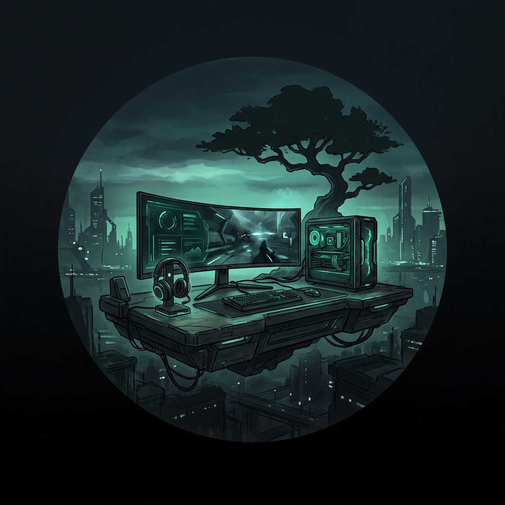 Illustration of an ultrawide monitor, headset and PC tower on a floating desk above a dark city