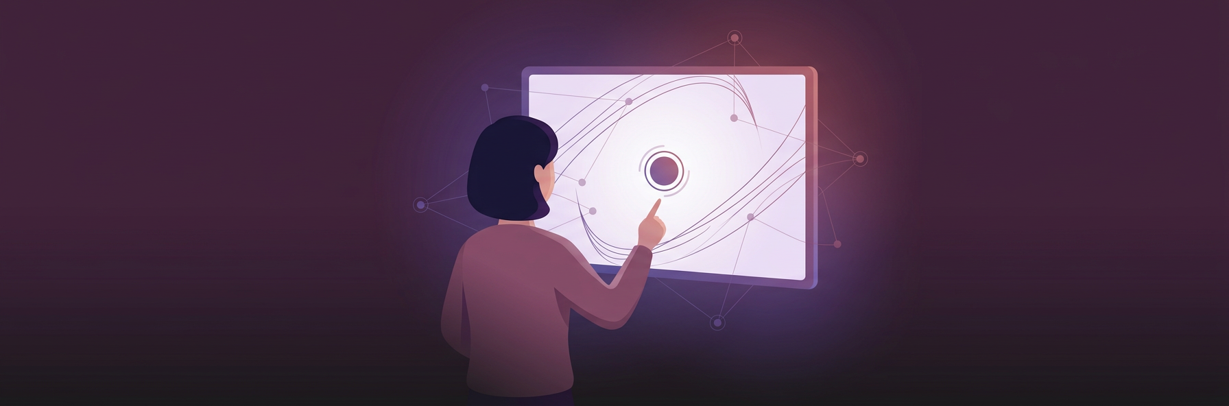 Illustration of a person pointing at a large glowing screen